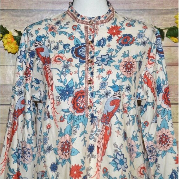 NWT Women M Tunic Blouse Shirt Colorful Peacock Print Loose Button Up Collarless - Picture 6 of 15
